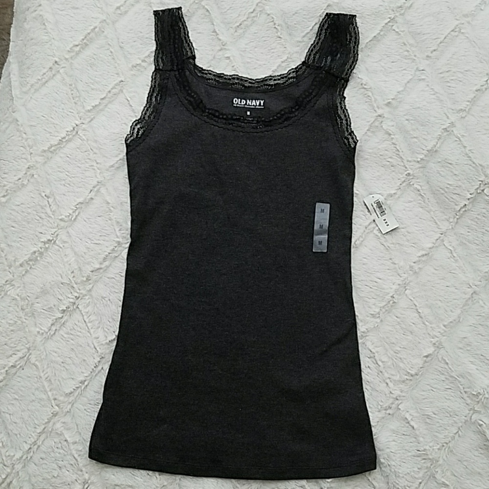 Old Navy Tank Fitted Stretch Dark Grey Lace Trim